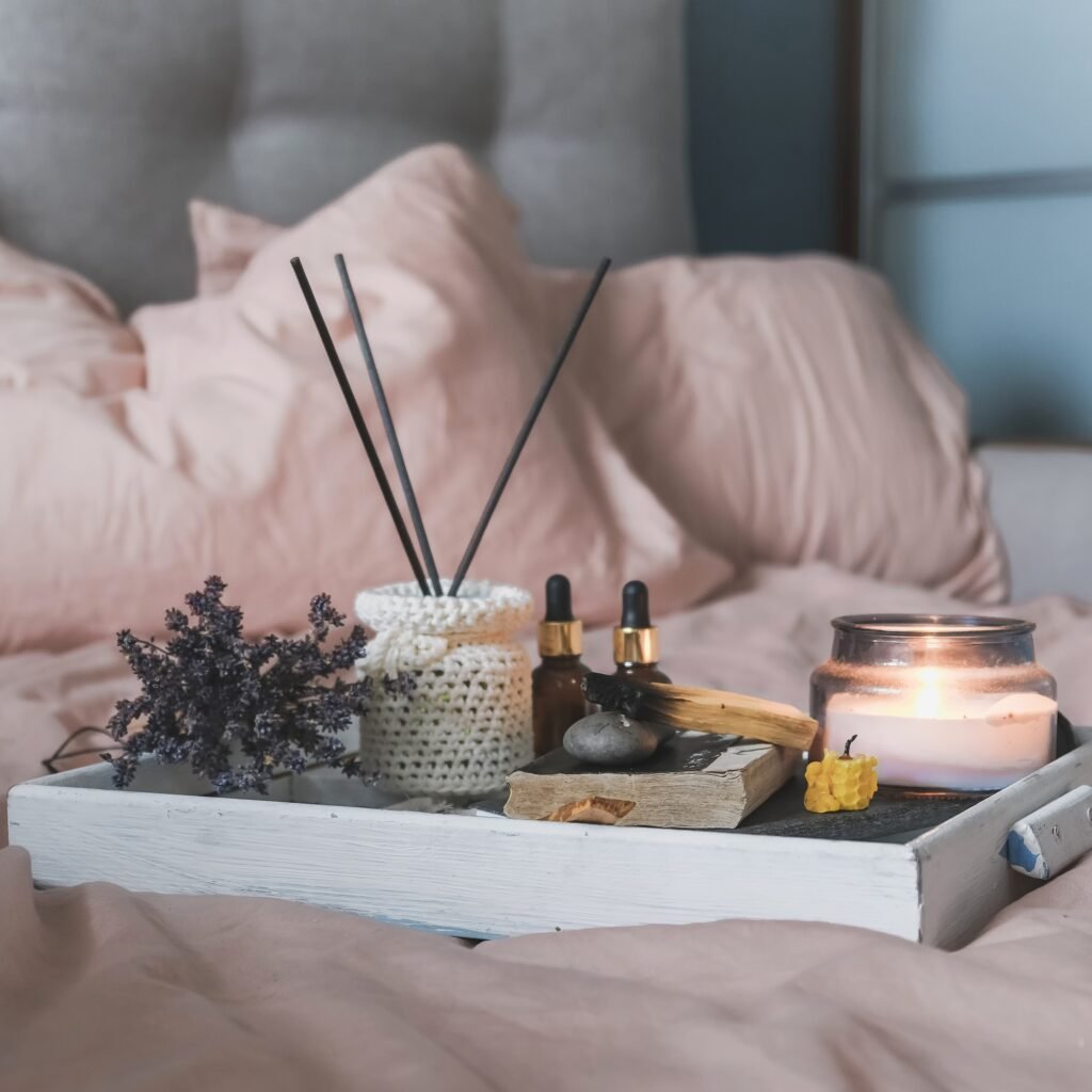 Wellness, health mental.Girl meditates yoga at home with aromatherapy palo santo Care,